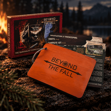 Beyond The Fall Survivalist Compendium box set displayed with a laser-engraved orange wooden ring-bound reference guide, showing the branded compass logo cover alongside the product box featuring wilderness survival imagery against a light nature background.