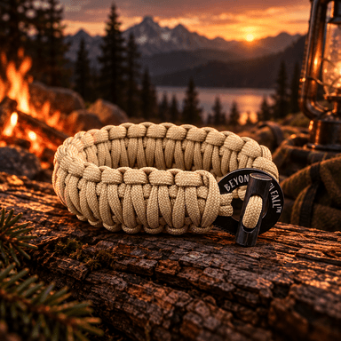 Cream paracord survival bracelet laid flat and unclasped showing full length with branded steel ring clasp and ferro rod firestarter. campfire and nature background