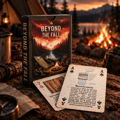 Beyond the Fall Survivor's Deck open box with water filtration survival skill card showing sand charcoal and gravel filter diagram post-apocalyptic prepper playing cards with a campfire in background