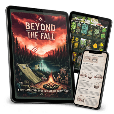 Beyond The Fall cover Shown on a tablet, look-a-like page on a tablet, and a illustration on a phone