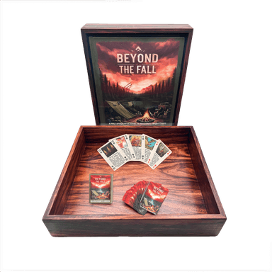 Book inside wood cases with open cover laying flat, with survivors deck playing cards showing face up inside the lid.