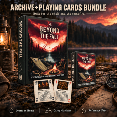 Photo graphic of beyond the fall hardcover and beyond the fall playing cards. showing 10 of clubs and Queen of diamonds cards.